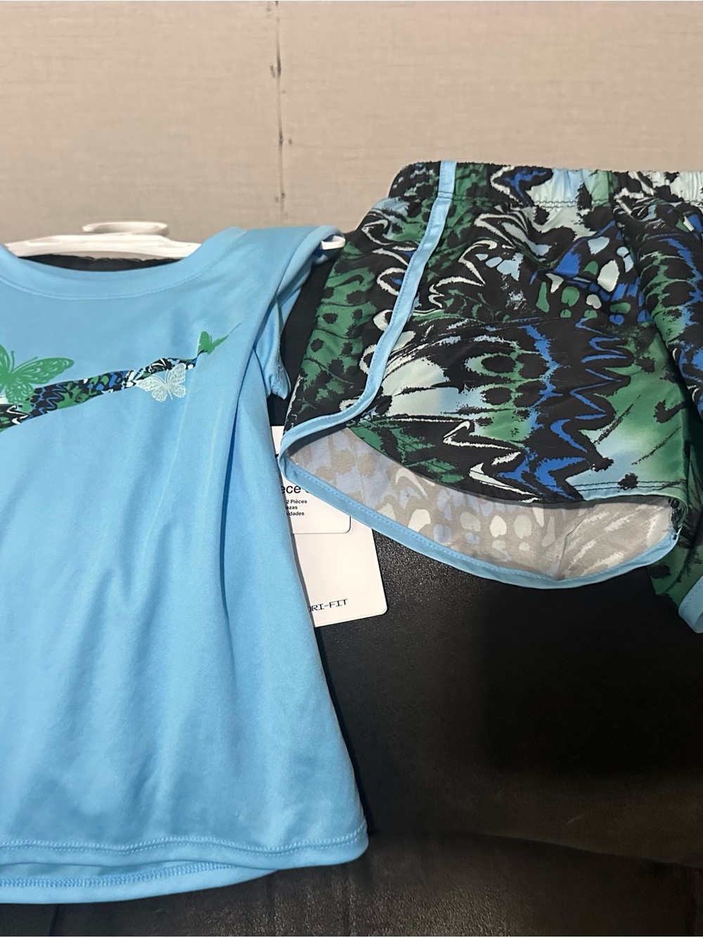 Nike Kids Light Blue Rashguard Set with Green & Navy Patterned Shorts